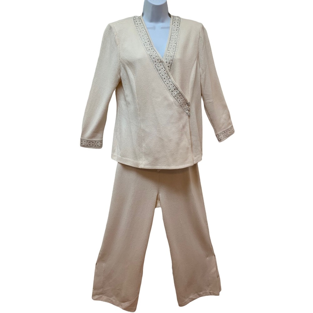 ST. JOHN Evening Women's 8/12 Pant Suit Cream Silver Pearl Crystals Jacket FLAW